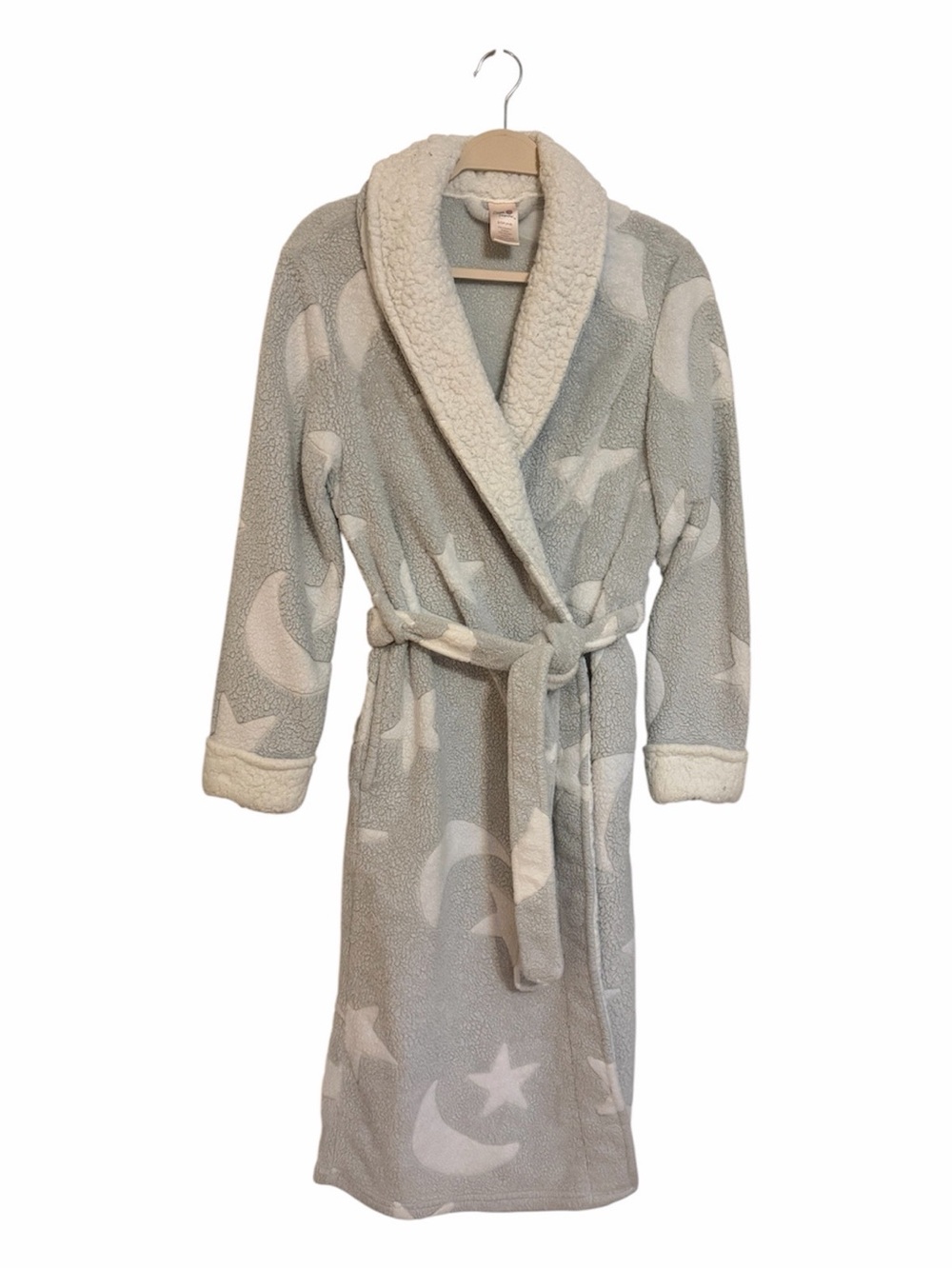Cozy Plush Robe with Moon & Star Print - Light Gray